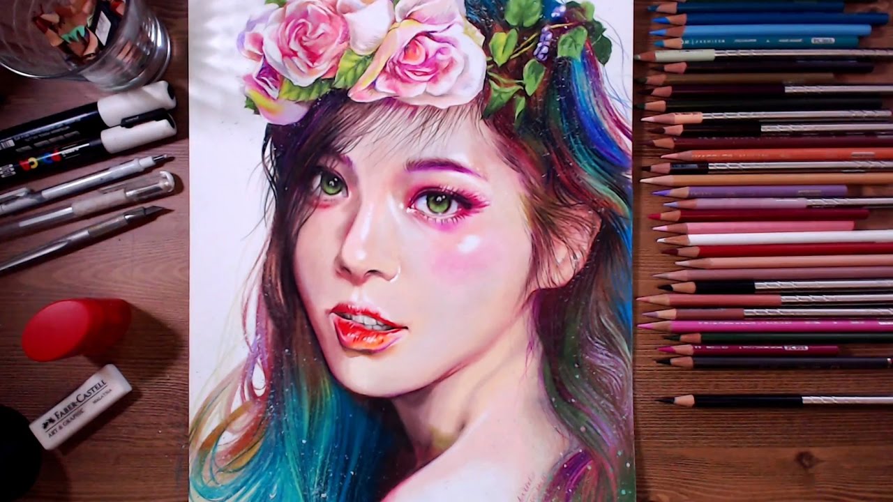 Colored pencil drawing - Beautiful Girl drawholic - YouTube