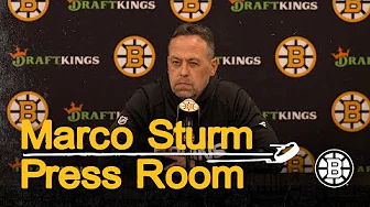 Marco Sturm speaks with media at TD Garden after practice