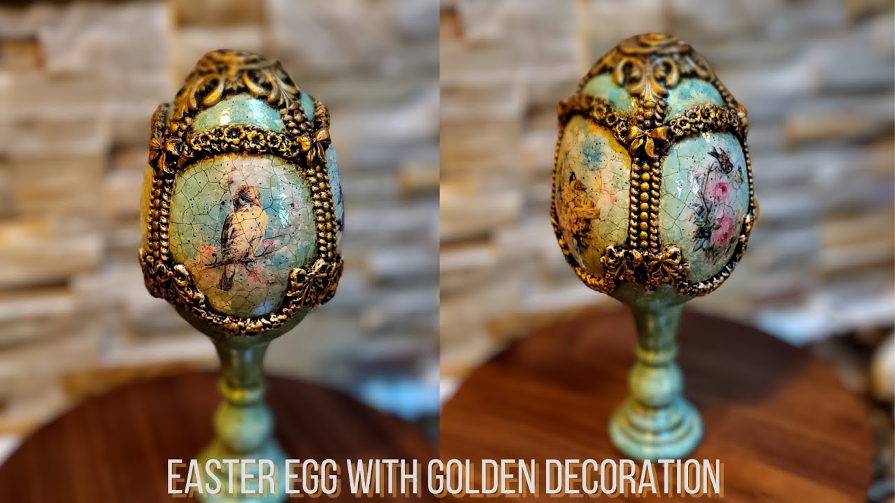 Easter Egg with Golden Decorations, Rice Paper, Patina Dark Wax