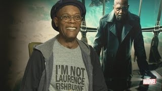 Samuel L Jackson wears 'I'm not Laurence Fishburne' shirt during interview