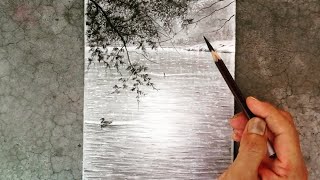 Pencil drawing of birds swimming in a lake in summer