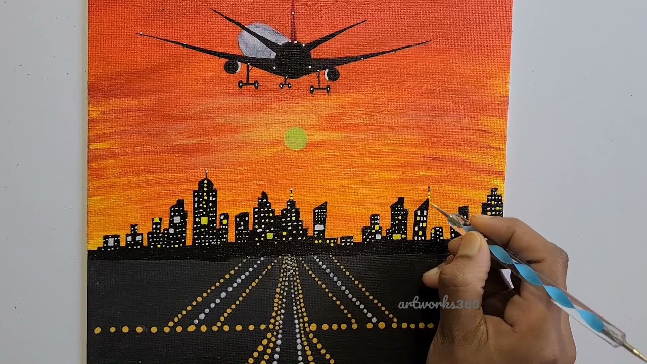 Airplane takeoff paintingAcrylic painting for beginnersSilhouette