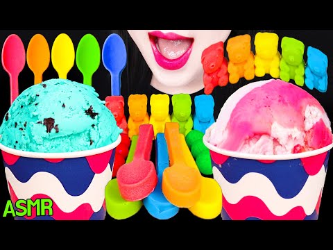 ASMR RAINBOW BEAR, EDIBLE SPOON, ICE CREAM PINT 레인보우 베어, 먹는 숟가락, 컵 아이스크림 먹방 MUKBANG