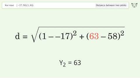 Find the distance between two points p1 (-17,58) and p2 (1,63): Step-by-Step Video Solution