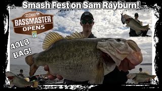 Bassmaster Open practice on Sam Rayburn! Smash Fest! (40LB BAG!) (11 POUNDER!)