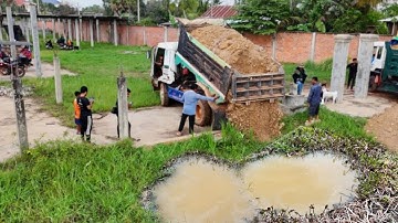 First Start a New Project!! Technique FILL UP Land by 5T Dump Truck Loading Dirt & Mini Dozer Pushin