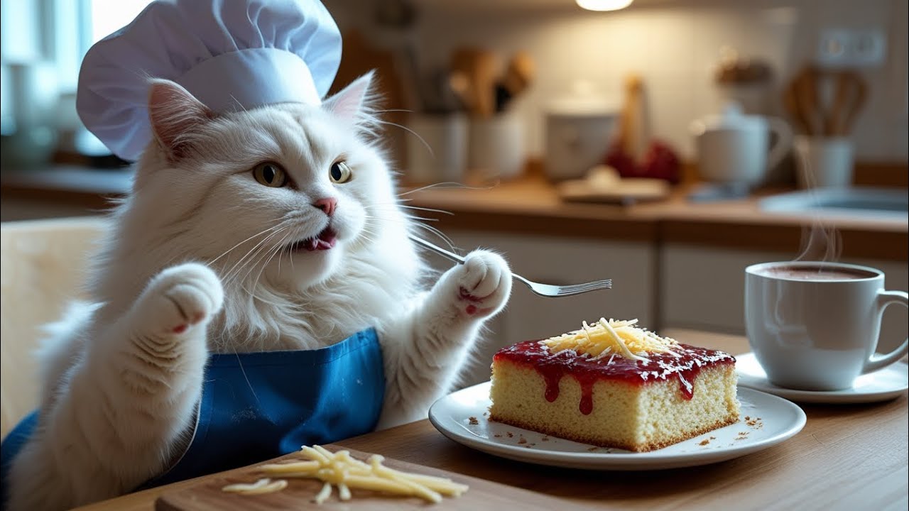 Adorable White Cat Baking Strawberry Jam Cake & Hot Chocolate | Cute Chef Cat in Action!