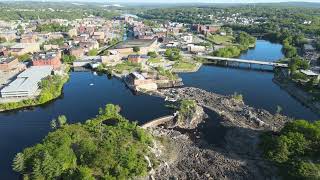 Drone video of the Lewiston Falls Hydro project and canal on the Androscoggin River, Lewiston Maine