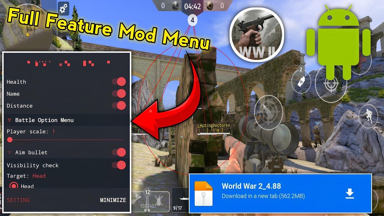 Меню мода World War 2 2025 v4.88 — автоматический выстрел в голову и линия Eps