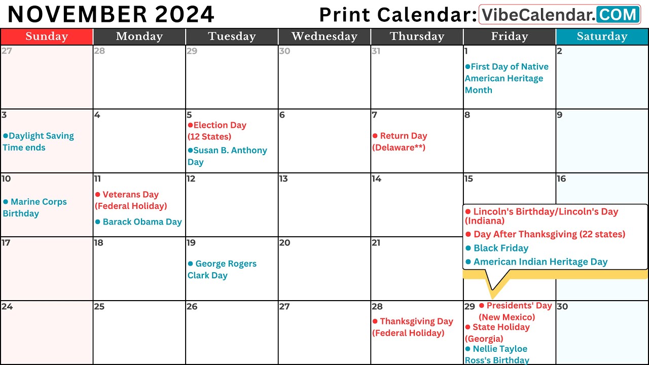 November 2024 Calendar with Holidays and Observances (All) #calendar #november #holiday
