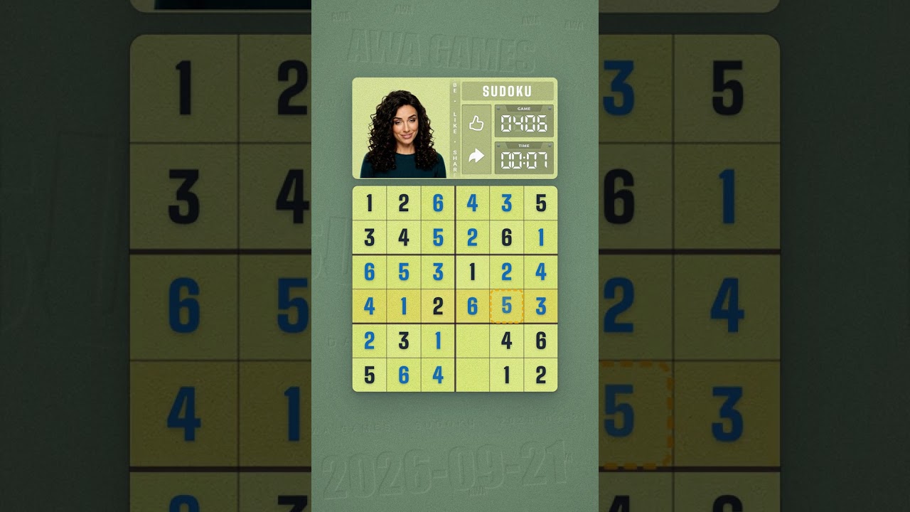 LinkedIn Mini Sudoku #406 solved board for September 21, 2026, 6x6 grid