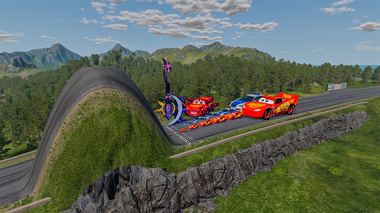 Big & Small McQueen & Police Car vs Zombie McQueen, Huge Pit Race - Beamng drive