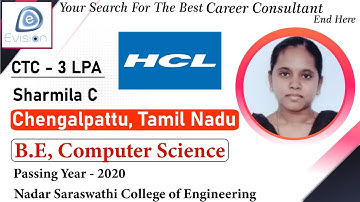 Congrats, Sharmila |Selected in HCL Pvt Ltd | 3 LPA | COMPUTERS SCIENCE, Passing 2020 | Chengalpattu