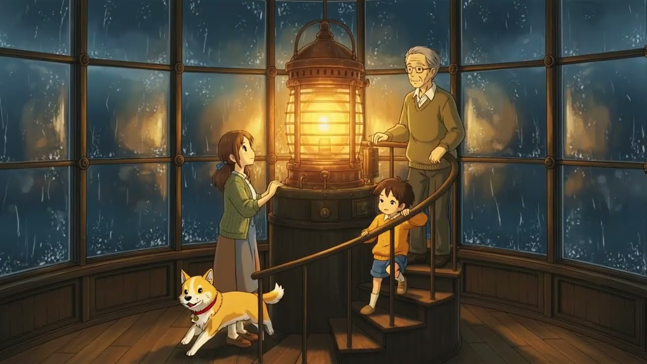 Ghibli Style ASMR 🌧️ Rainy Lighthouse Evening | Cozy Autumn Ambience for Sleep & Relaxation