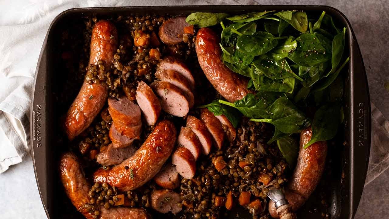 One-Pan Baked Sausages & Lentils
