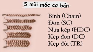 Học móc len căn bản P1| 5 mũi móc cơ bản| Mũi bính, đơn, nửa kép, kép đơn, kép đôi| Cỏ crochet