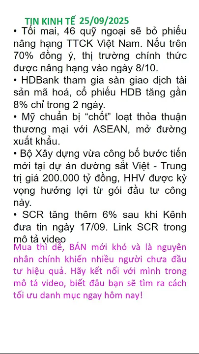 Tin kinh tế 25/09/2025: HHV hưởng lợi từ dự án đường sắt 200.000 tỷ & TTCK VN trước cơ hội nâng hạng