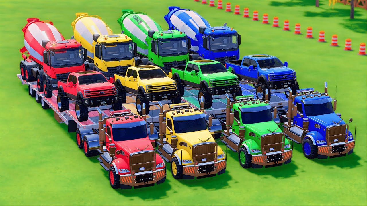 TRANSPORTING FORD, WARRIOR EDITION, MIXER TRUCK, COLORFUL CARS WITH TRUCK - FS22