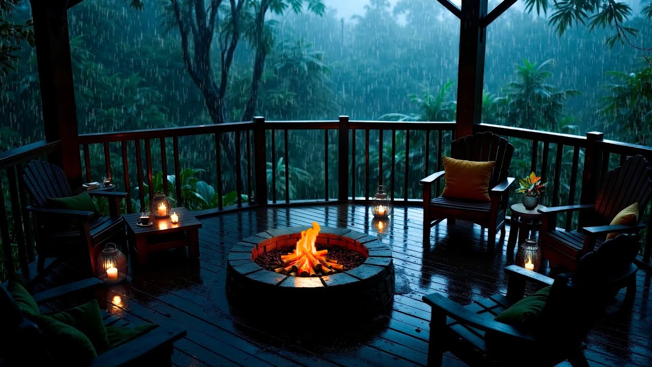 Cozy Forest Retreat Sounds 🌲 Rainfall, Fire & Soothing Jazz Piano Music for Peaceful Sleep