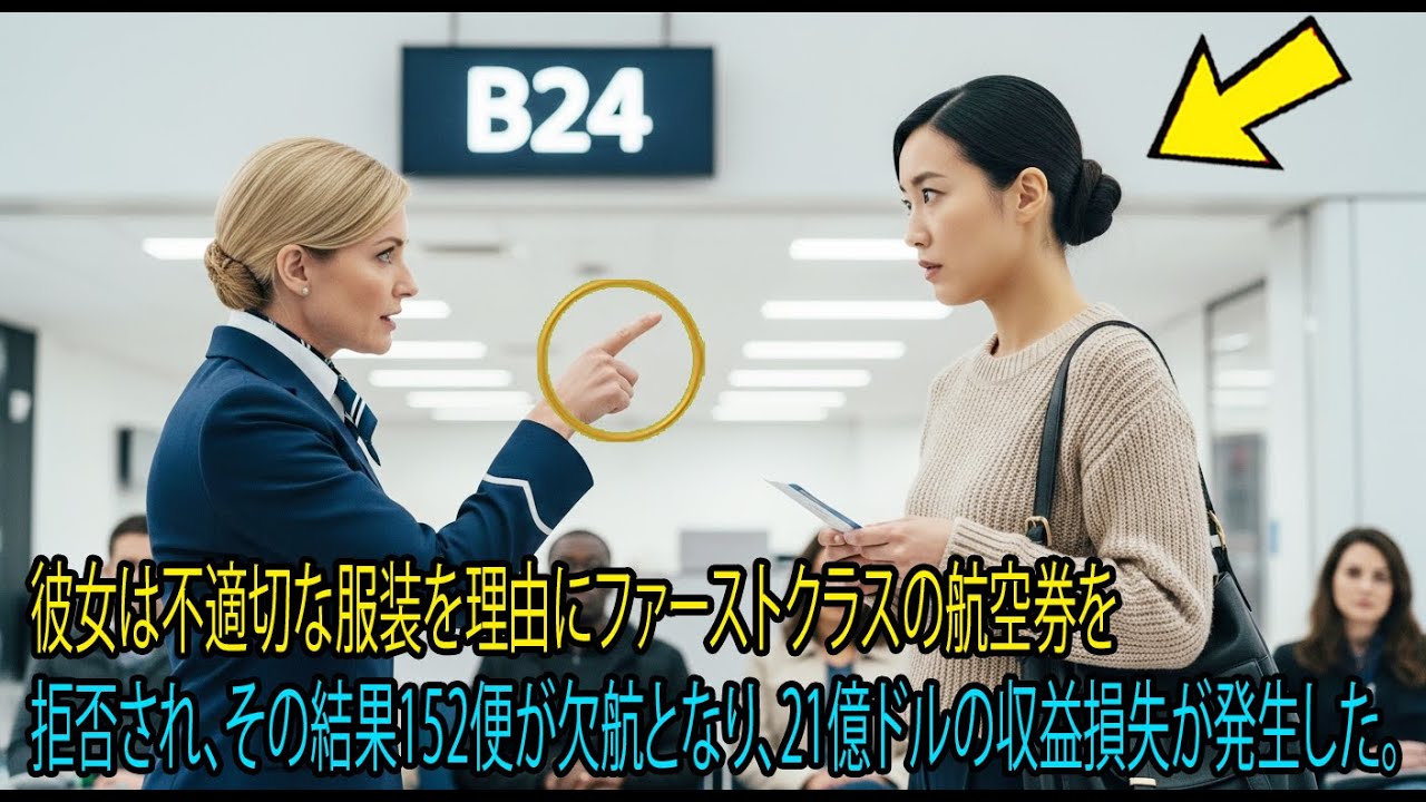 彼女は不適切な服装を理由にファーストクラスの航空券を拒否され、その結果152便が欠航となり、21億ドルの収益損失が発生した。