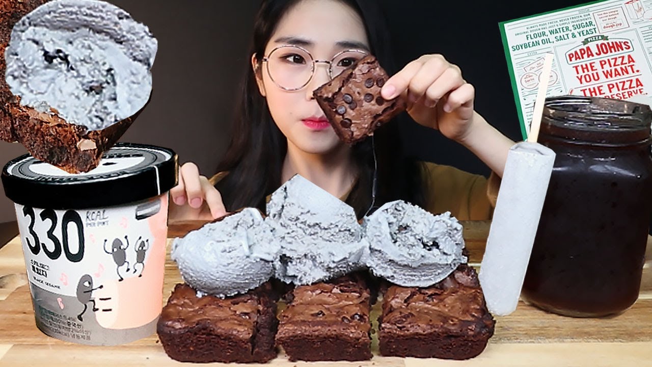 SUB)더블 초코칩 브라우니, 흑임자 아이스크림 먹방 CHOCOLATE BROWNIE, BLACK SESAME ICE CREAM MUKBANG ブラウニー شوكولاتة