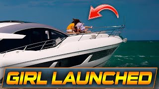 GIRL GETS LAUNCHED ON YACHT AT HAULOVER INLET! | HAULOVER BOATS | WAVY BOATS