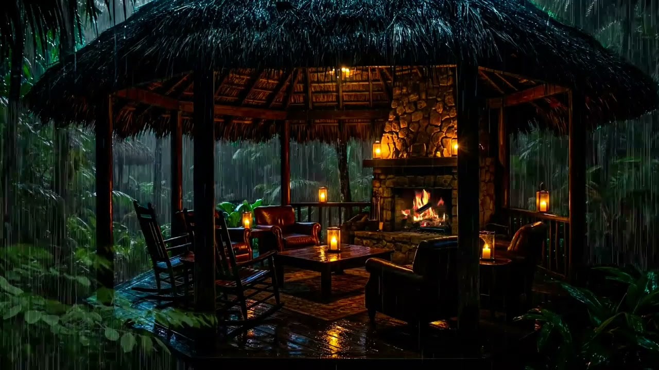 Stormy Night in the Jungle 🌴 Heavy Rain & Fireplace Sounds for Deep Sleep (1 Hour)