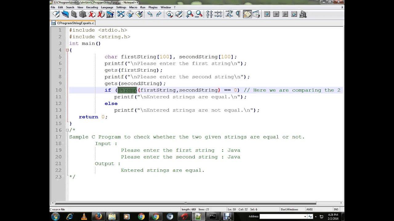 C PROGRAM TO COMPARE TWO STRINGS DEMO - YouTube
