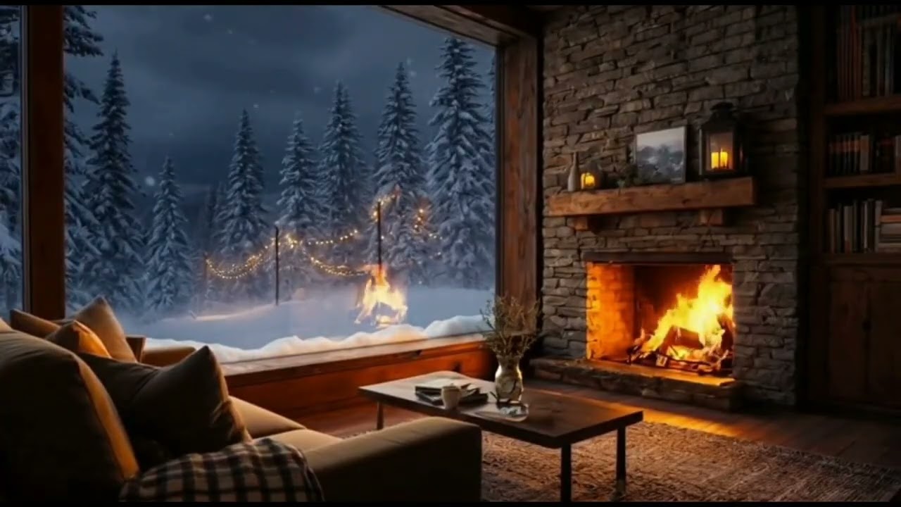 No Ads Fireplace Blizzard ASMR - Snow Storm Sleep Sound With Fireplace Burning For Deep Sleeping