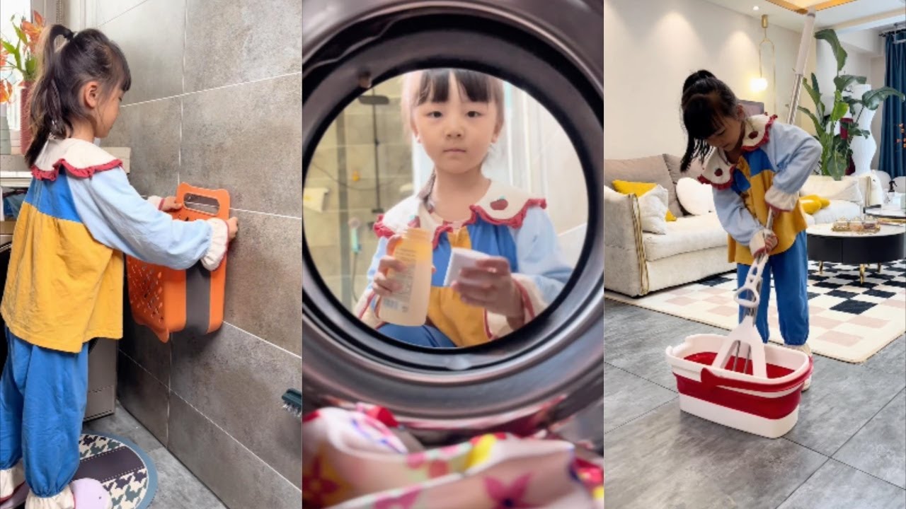 A six-year-old daughter helps her mother clean the house! - YouTube