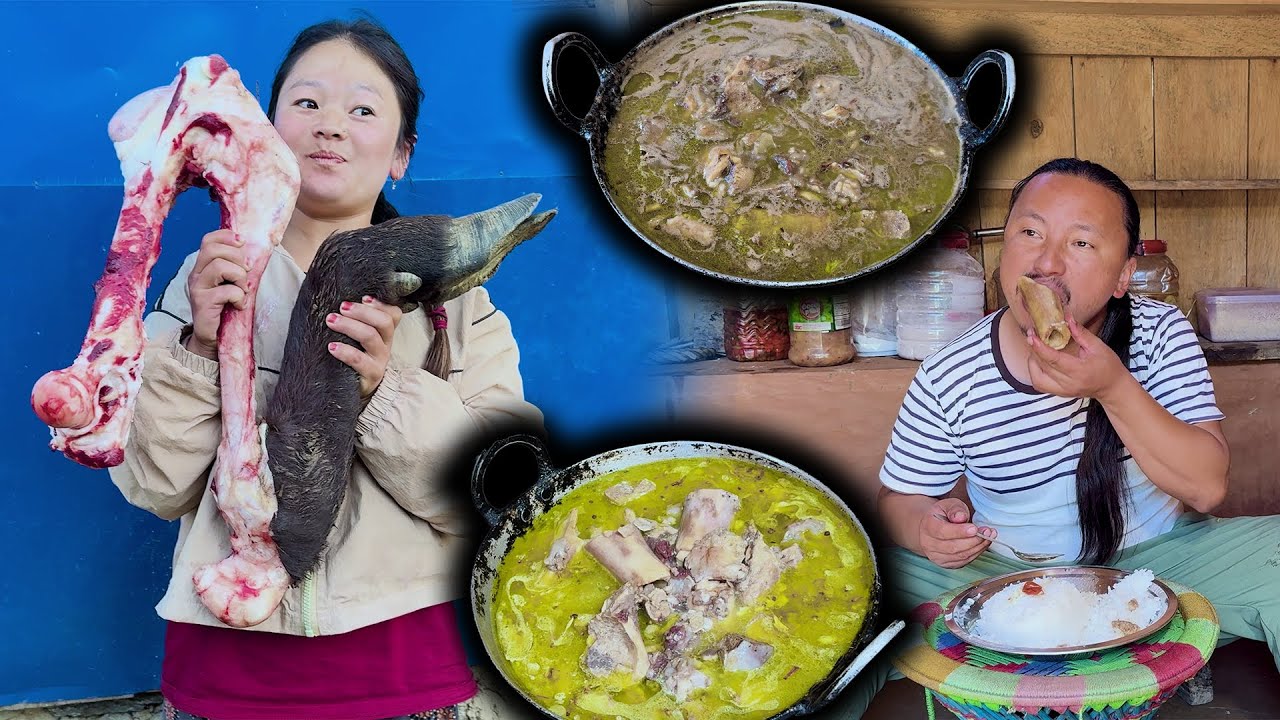 Buff Leg Soup Cooking & Eating Local Village Style रागाको खुट्टाको शुप Delicious Bone Marrow Soup