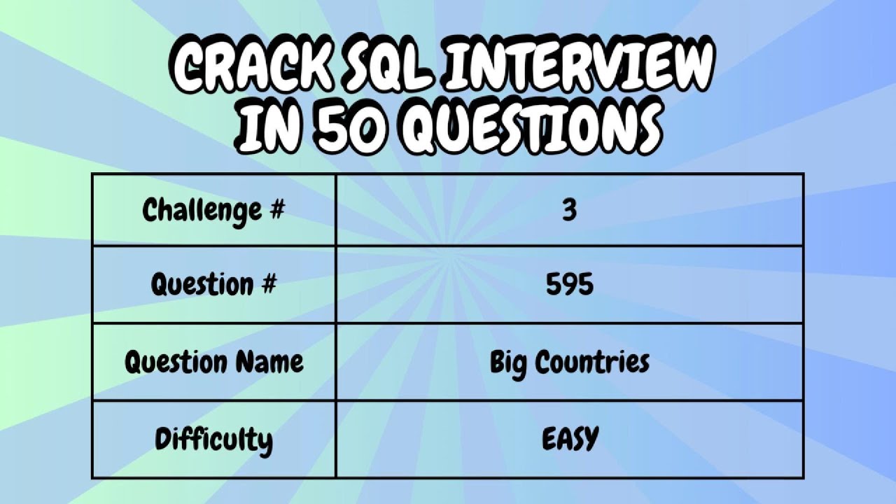 LeetCode | Crack SQL Interview in 50 Qs | Question 3: Big Countries ...