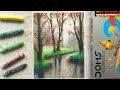 oil pastel drawing with 12 colours ♡ Still Stream in Foggy Woods ♡ paint with me 19