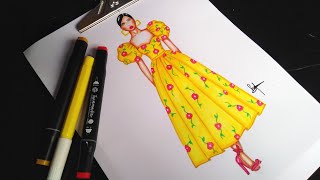 Fashion drawing /تعلم رسم فستان بالاصفر مزين بالورود سهل جدا خطوة بخطوة