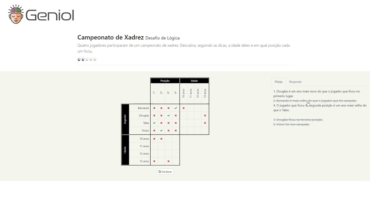 Geniol - Lógica #11 - Campeonato de Xadrez (Fácil) 