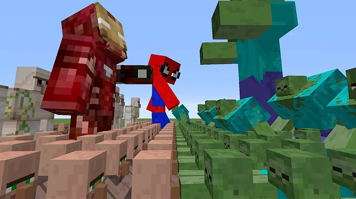 1000 ZOMBIE MUTANT VS SUPERHEROES AND 1000 VILLAGER IN MINECRAFT IRON MAN, SPIDER MAN MOB BATTLE
