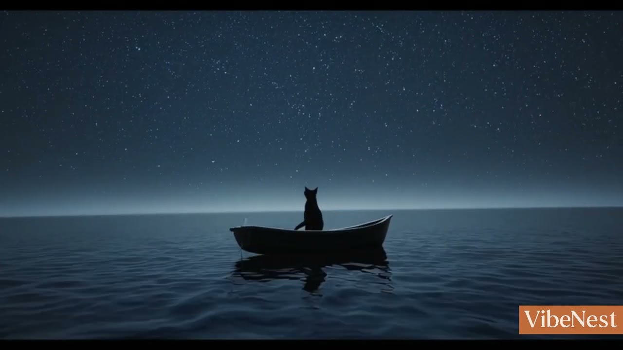 Black Cat Alone at Sea | Realistic Night Boat Ride | AI video | Animal Adventure