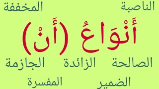 أنواع (أَنْ): الناصبة والمخففة والصالحة و الزائدة والجازمة والضمير والمفسرة