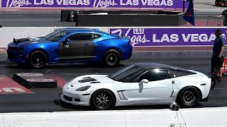 Blue 2016+ Chevy Camaro Turbocharged Vs White 2005 To 2013 Chevrolet Corvette C6 Drag Race