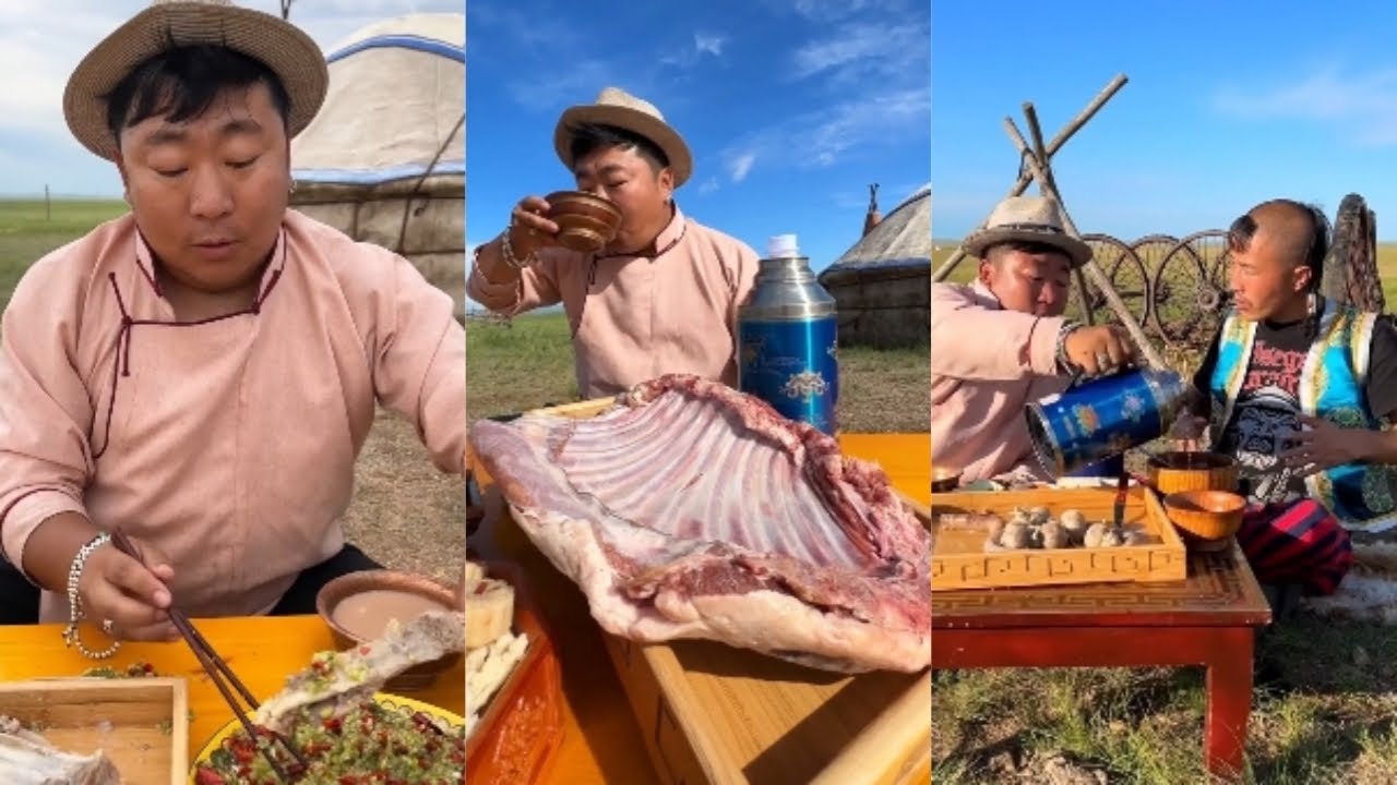 Монгольский Бату готовит мясо вручную и завернутое в требуху мясо! #еда #готовка #вкусно