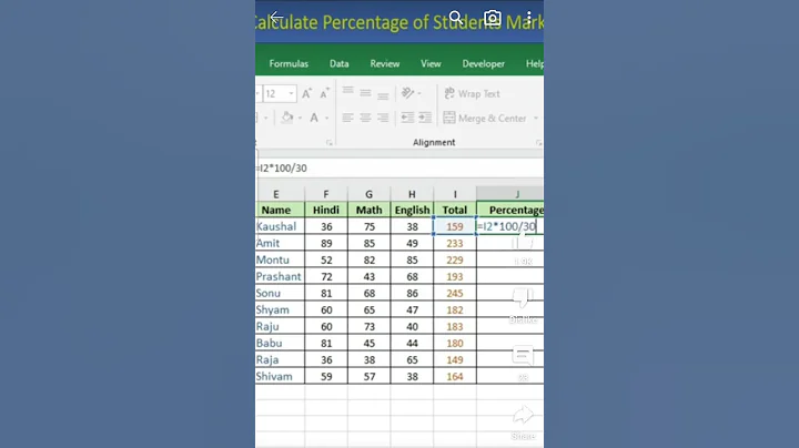 Calculate Percentage of Students Marks in Excel #excel #exceltips #exceltutorial#msexcel #shorts