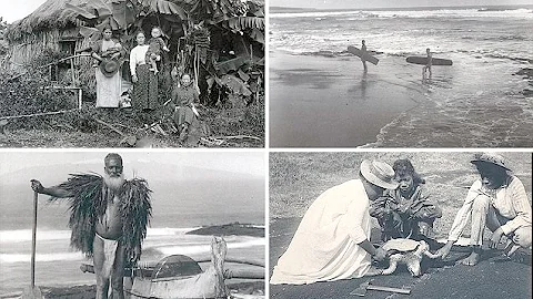 Fascinating 120-year-old images show Hawaiian natives carrying their primitive boards....