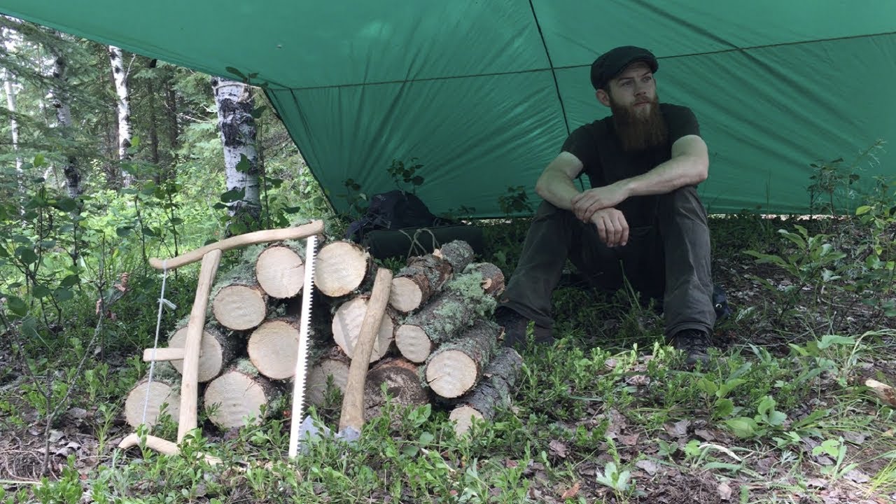 3 Days Solo Bushcraft - Campfire Cooking, Pipe Carving, Bench, Raised Bed + More
