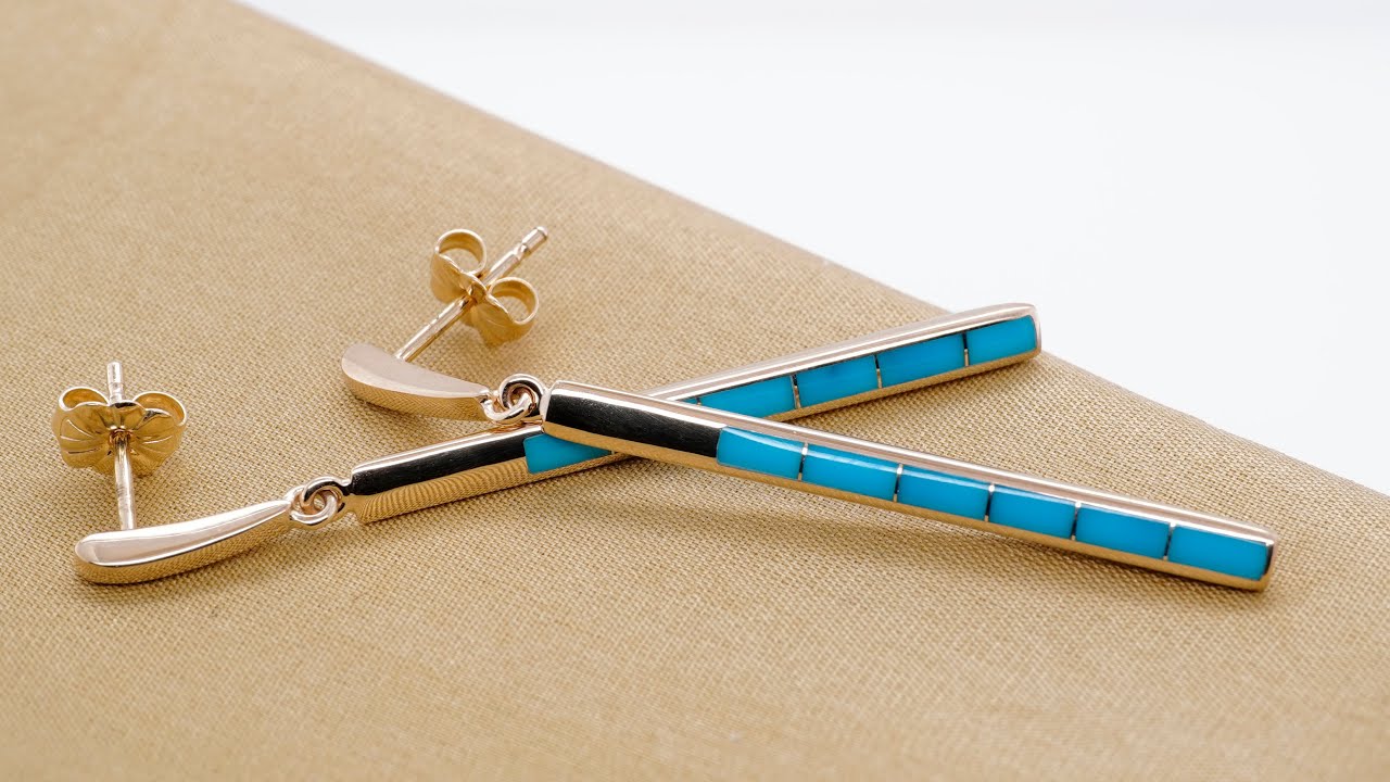Delicate, Long, Sleeping Beauty Turquoise Inlay, Earrings, 14kt Yellow Gold by Kabana