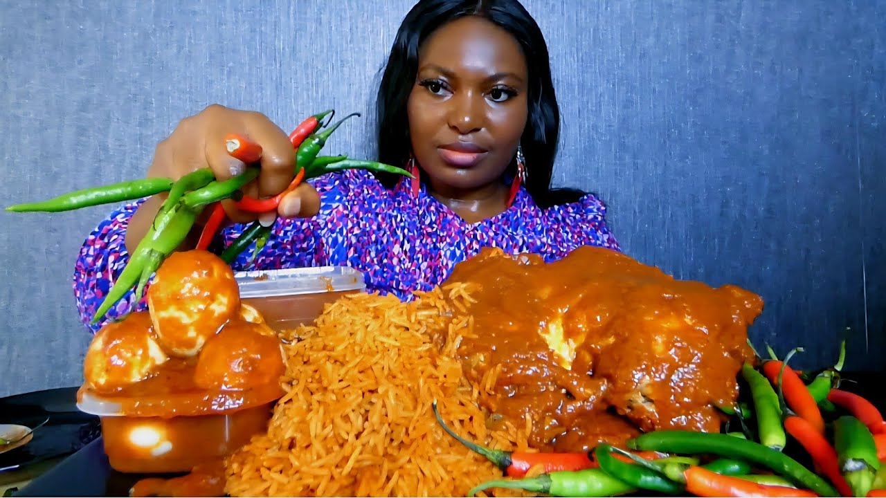 Asmr mukbang chicken curry with jollof rice and boiled eggs 