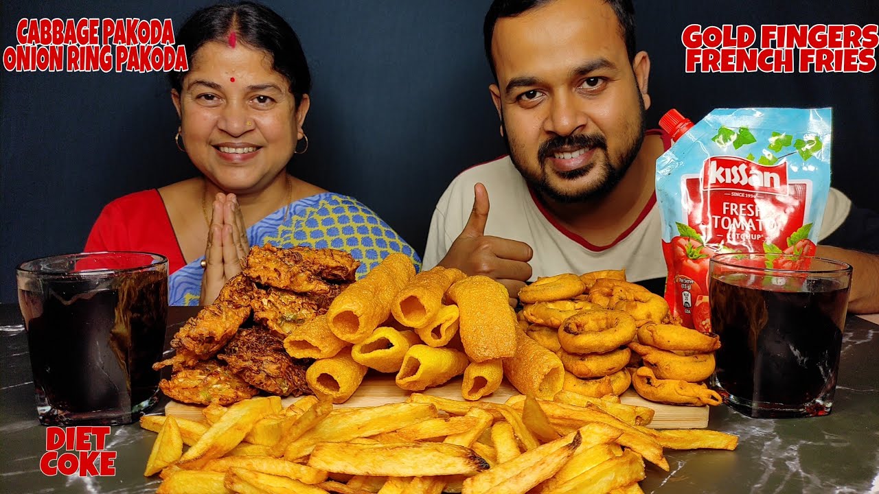 Cooking And Eating Onion Ring Pakoda,Cabbage Pakoda,French Fries,Gold Fingers With Diet Coke Mukbang