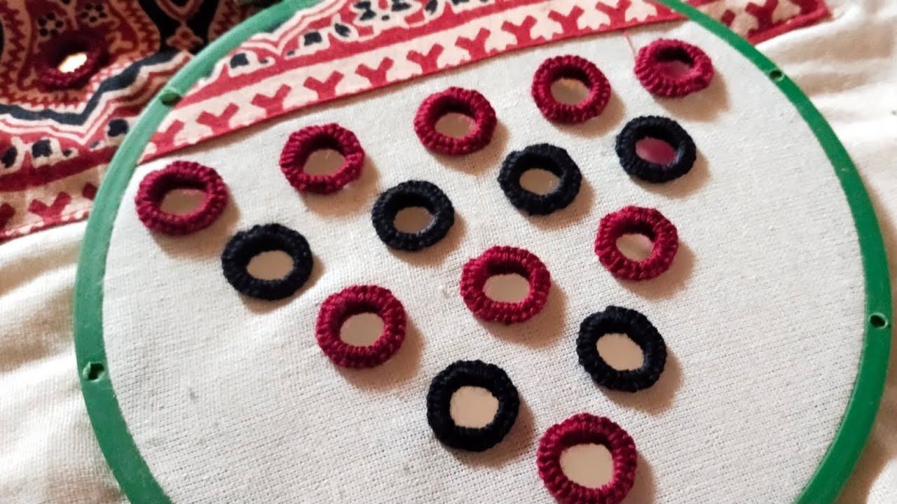 Easy to learn mirrorwork design. Circle mirror work tutorial. Hand embroidery mirrorwork.