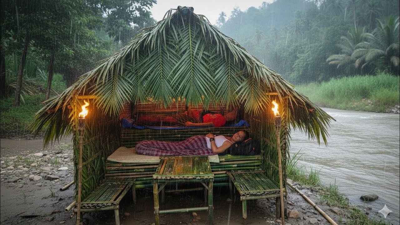 camping hujan deras tidur kehujanan dan kedinginan di shelter bambu di hutan belantara