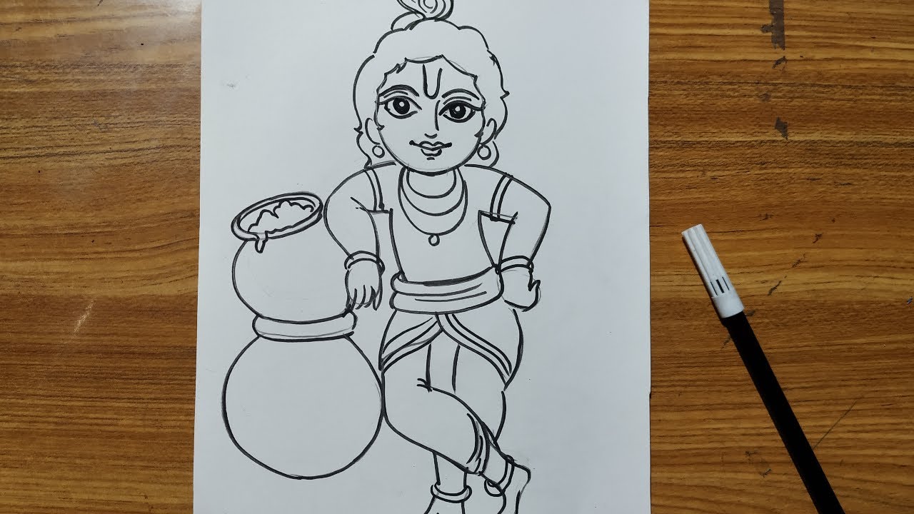 very easy line art bal krishna,krishna thakur drawing,how to draw bal  gopal,how to draw lord krishna - YouTube