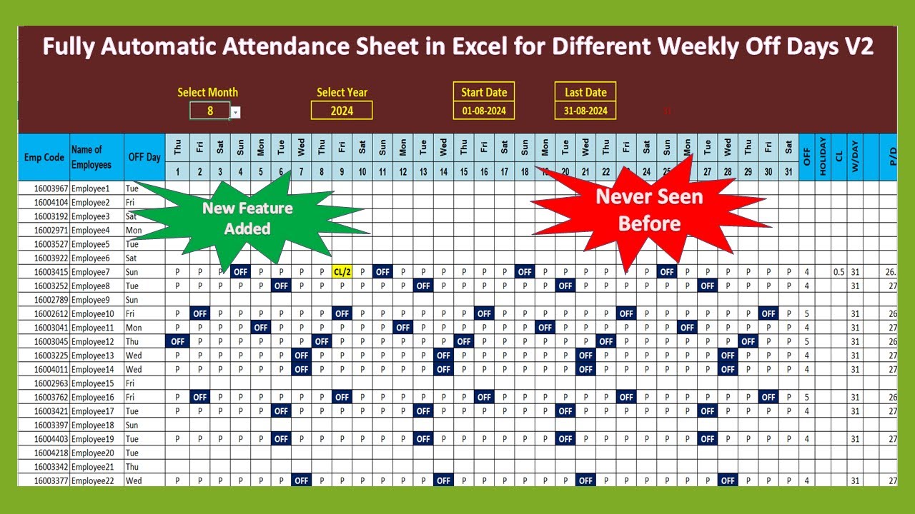 Fully Automatic Attendance Sheet In Excel For Different Weekly OffDays ...